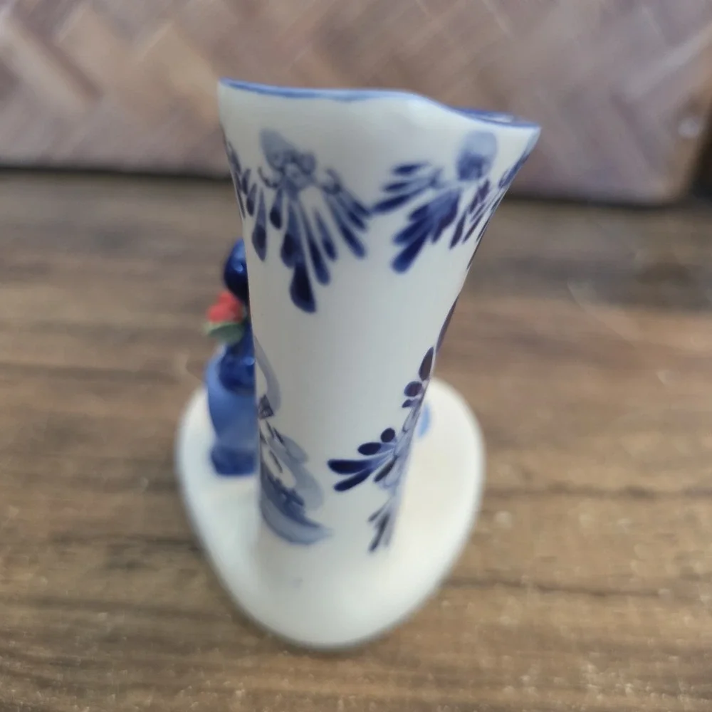 EH Denmark Blue White Porcelain Miniature Bud Vase Kissing Couple Windmill 10577